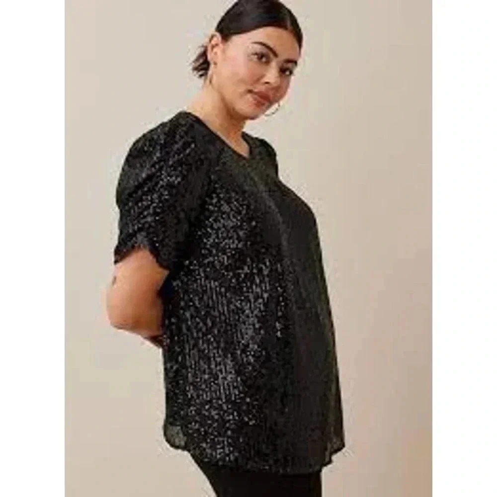 Torrid Women's Black Round Neck‎ Sequin Ruched Short Sleeves Top Size 0